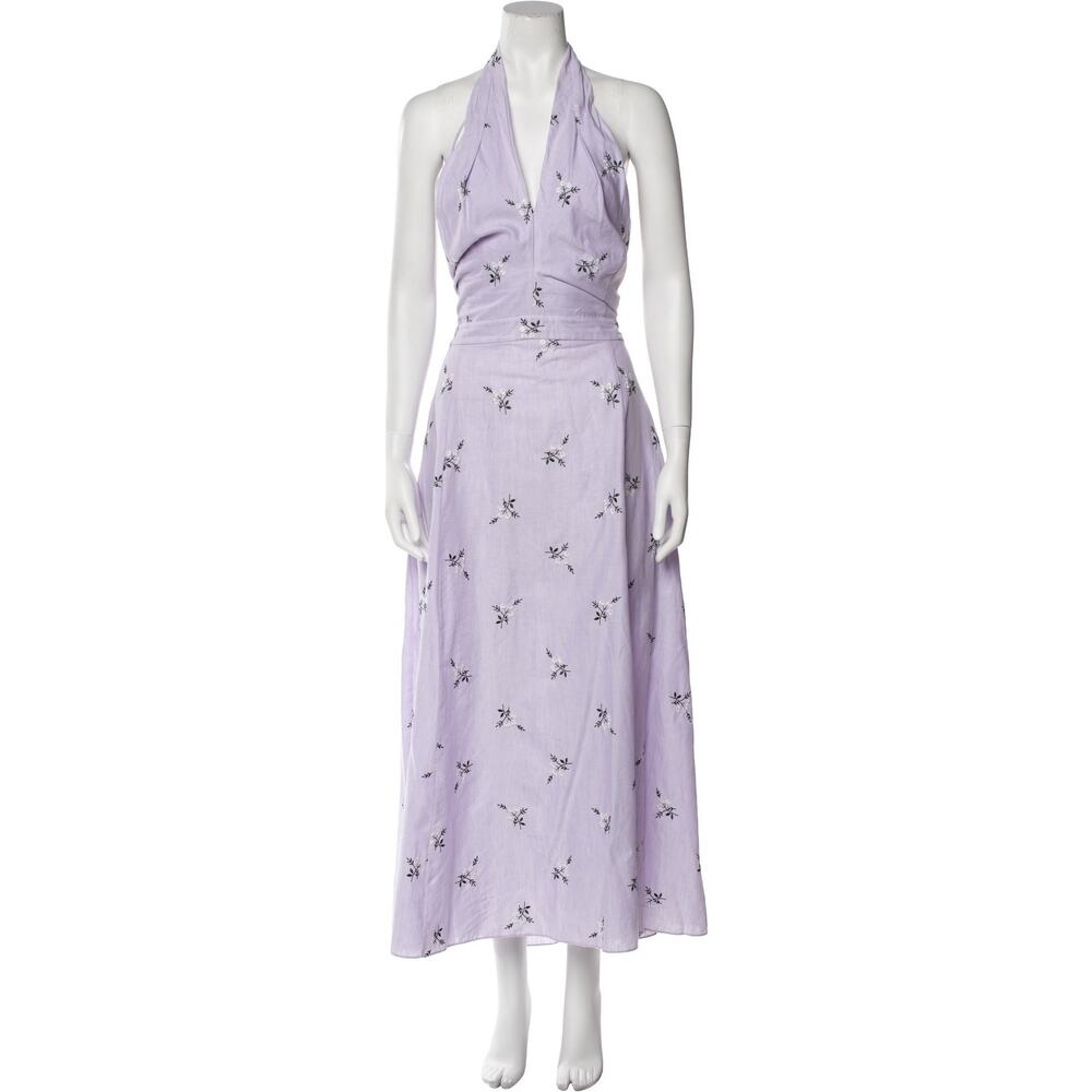 Erdem Selene Embroidered Cotton And Linen-Blend Halterneck Midi Dress Purple - M